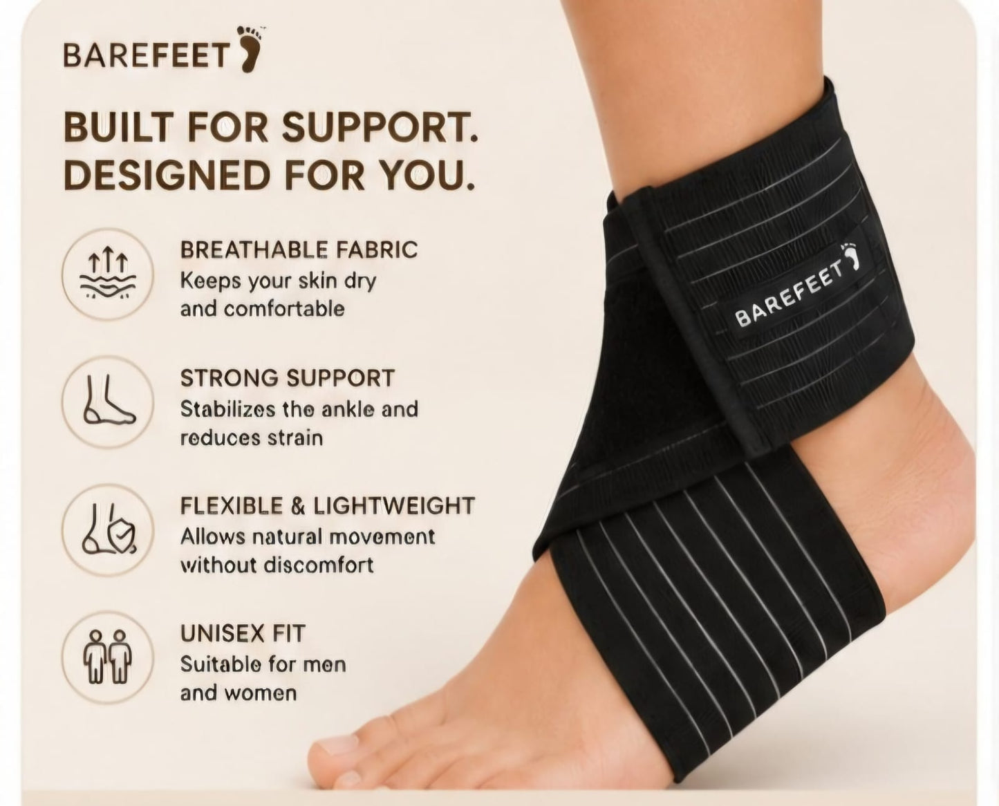 Barefeet™ Premium Ankle Support Brace Compression Ankle Wrap for Sprains, Sports & Daily Stability (1 Pair)